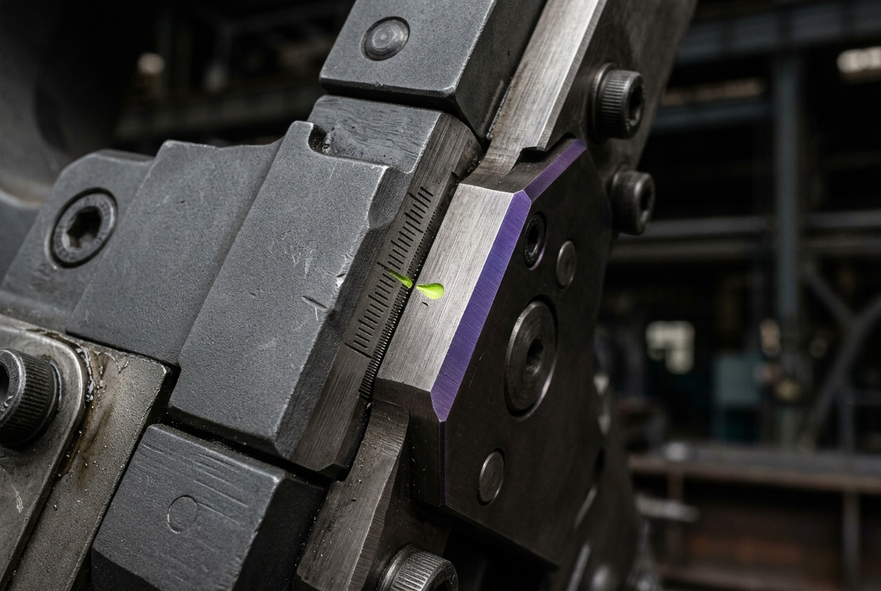 Macro detail of interlocking dark graphite steel joints with an acid lime calibration mark and violet anodized bevel