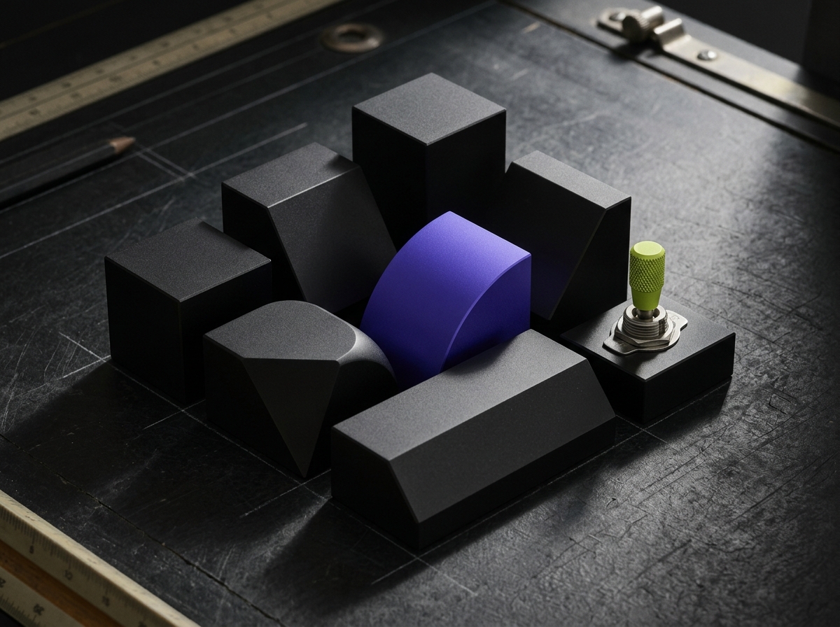 Tactile geometric aluminum blocks with an anodized violet curve and an acid lime toggle switch on a drafting table