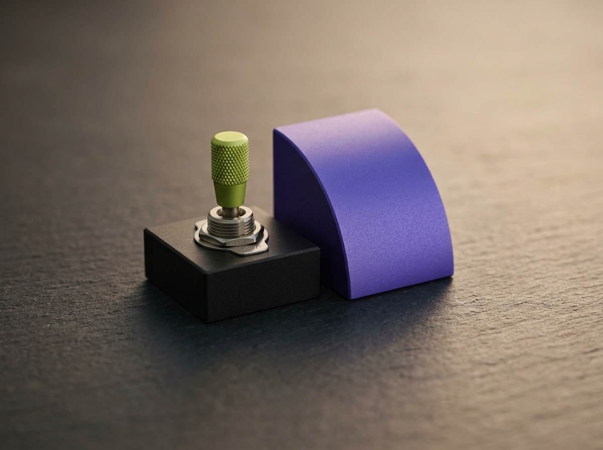 Minimal macro close-up isolating only the single acid lime switch and violet curved block on a clean dark surface