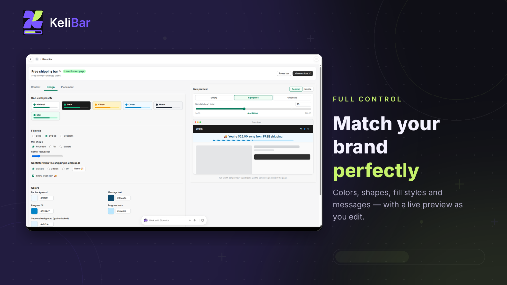 KeliBar admin bar editor with live preview