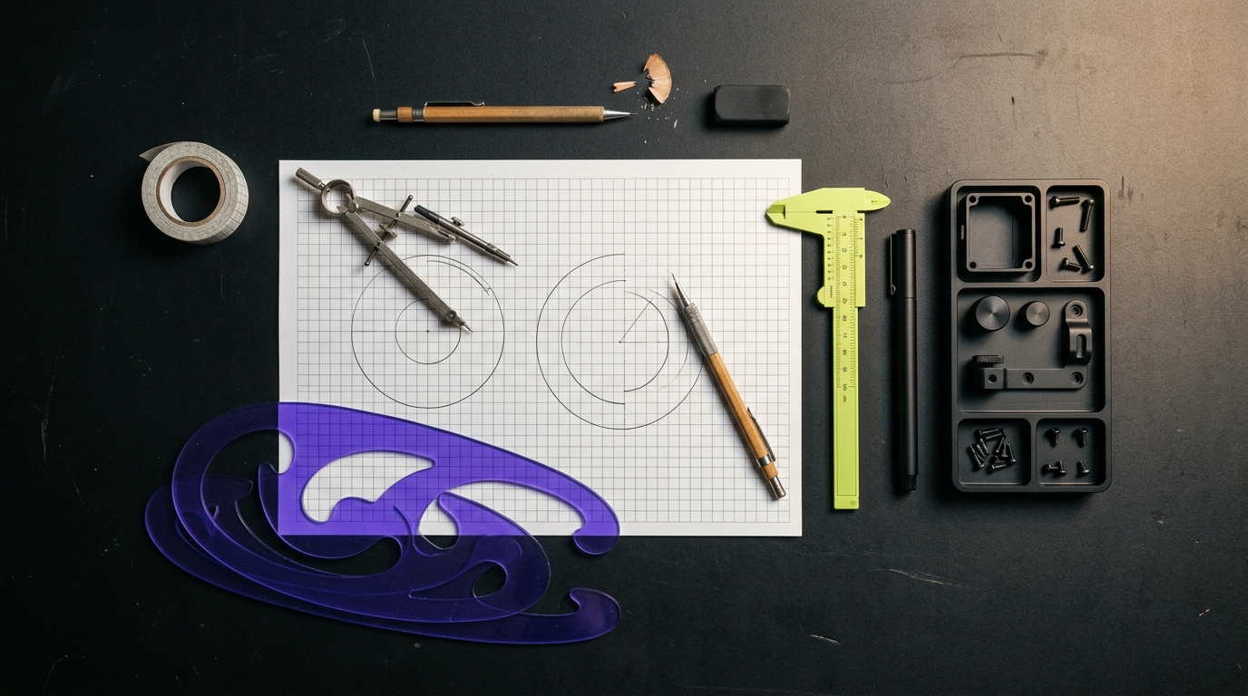 Overhead studio workbench with architectural grid paper, violet French curves, and an acid lime caliper